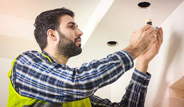 A man installs a recessed LED spotlight in the ceiling